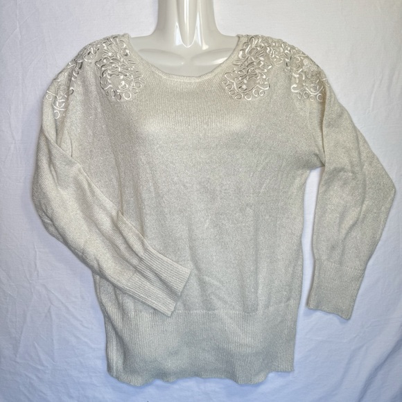 Medium Vintage ELLE knit sweater, metallic thread knit, boat neck A4Q24-6 - Picture 1 of 13